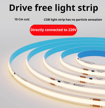 Fita de LED COB sem driver 220V | Iluminação Linear Embutida para Teto e Sancas | Autoadesiva, Alto Brilho