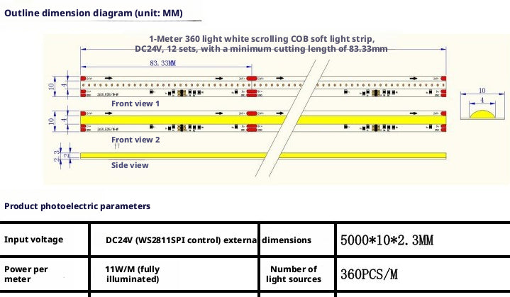 Fita de LED COB 8mm com Água Corrente | DC24V WS2811 SPI | Luz Inteligente de Perseguição com Alto CRI