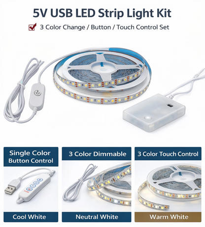 Kit de Fita de LED USB 5V com Interruptor, 3 Cores Mutáveis e Iluminação Regulável