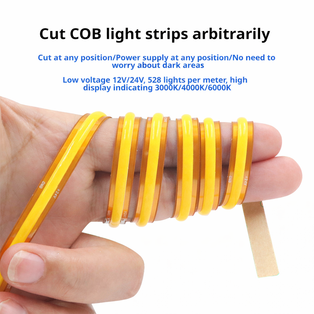 Fita de LED COB de Corte Livre 528LEDs/m 8mm 12V/24V Iluminação de Armário com Alto CRI