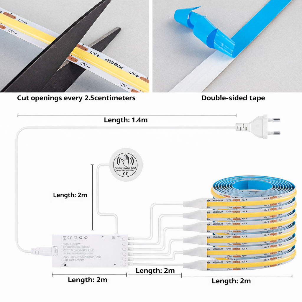 Luz de Fita LED COB com Sensor de Toque Manual para Armários e Vitrines | Iluminação Inteligente Autoadesiva com Sensor de Indução