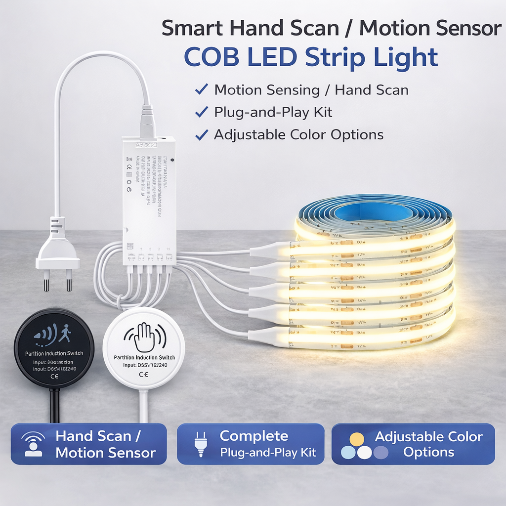 Luz de Fita LED COB com Sensor de Toque Manual para Armários e Vitrines | Iluminação Inteligente Autoadesiva com Sensor de Indução