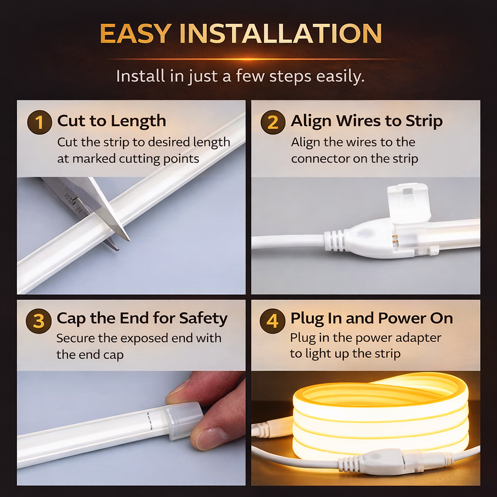 Fita de LED COB à prova d'água 220V, luz quente, flexível, silicone, autoadesiva