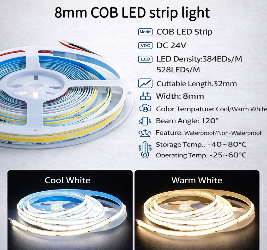 Fita de LED COB de Baixa Tensão | Iluminação de Perfil de Alumínio Flexível para Armários e Decoração de Interiores