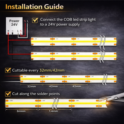 Fita de LED COB de Baixa Tensão | Iluminação de Perfil de Alumínio Flexível para Armários e Decoração de Interiores