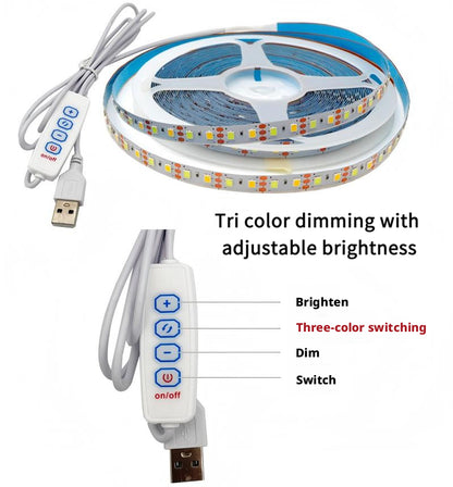 Kit de Fita de LED USB 5V com Interruptor, 3 Cores Mutáveis e Iluminação Regulável