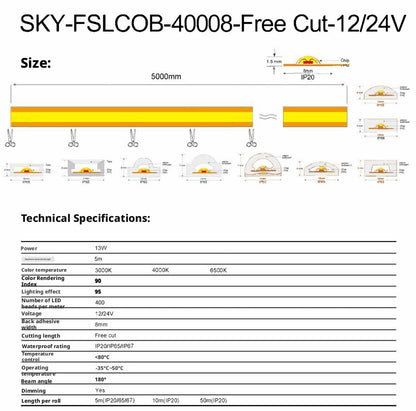 Fita de LED COB de Corte Livre 528LEDs/m 8mm 12V/24V Iluminação de Armário com Alto CRI