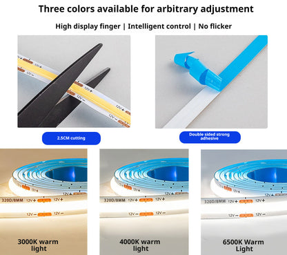 Luz de Fita LED COB com Sensor de Toque Manual para Armários e Vitrines | Iluminação Inteligente Autoadesiva com Sensor de Indução