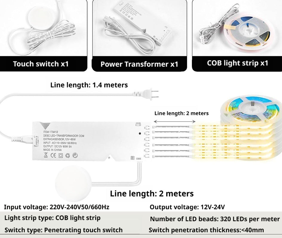 Luz de Fita LED COB com Sensor de Toque Manual para Armários e Vitrines | Iluminação Inteligente Autoadesiva com Sensor de Indução