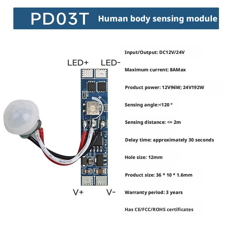 Interruptor com Sensor de Movimento Infravermelho (IR) para Luzes de Gabinete LED | DC 3V–24V / AC110–220V