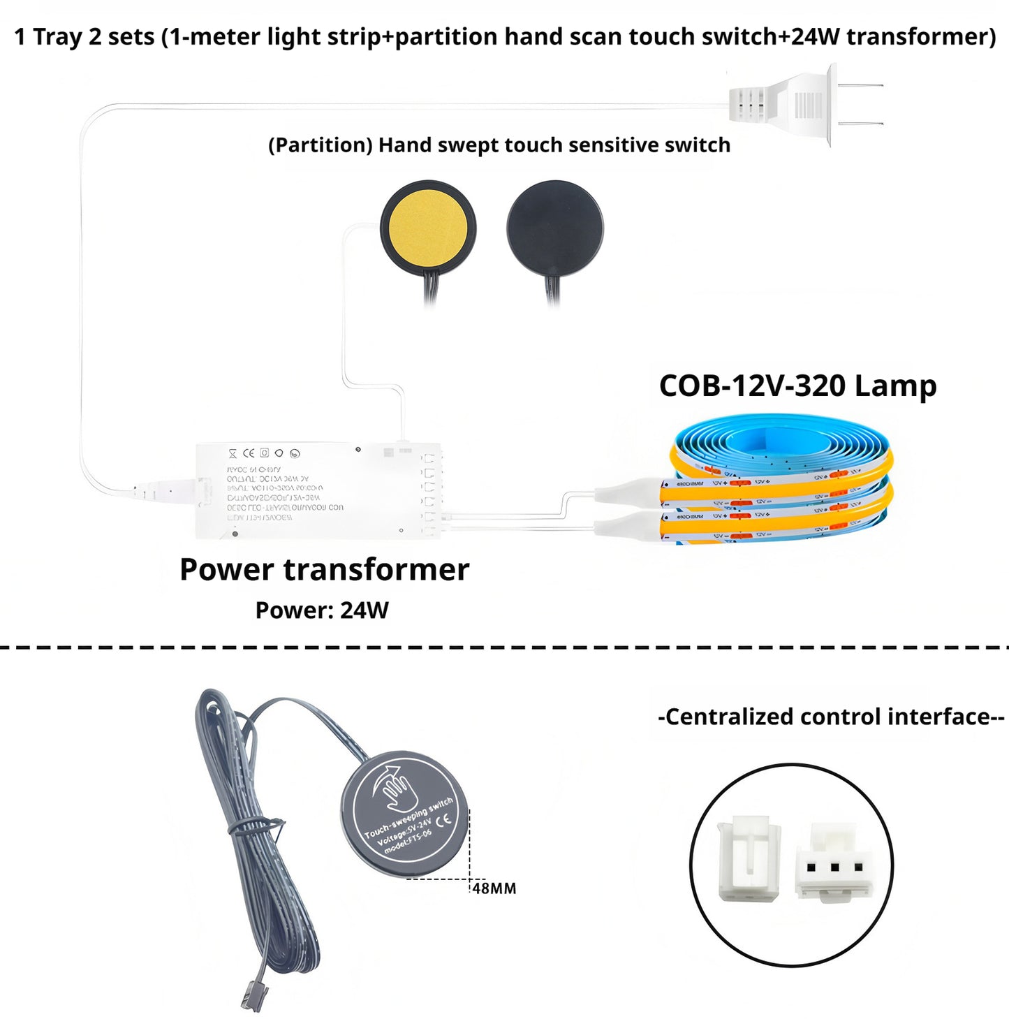 Luz de Fita LED COB com Sensor de Toque Manual para Armários e Vitrines | Iluminação Inteligente Autoadesiva com Sensor de Indução