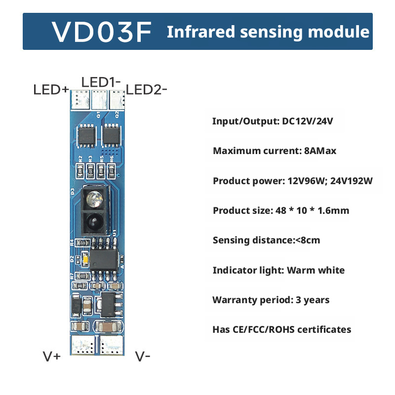 Interruptor com Sensor de Movimento Infravermelho (IR) para Luzes de Gabinete LED | DC 3V–24V / AC110–220V