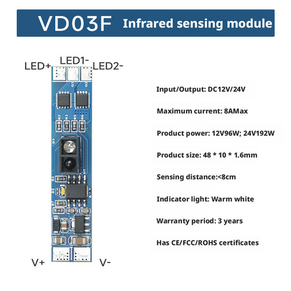 Interruptor com Sensor de Movimento Infravermelho (IR) para Luzes de Gabinete LED | DC 3V–24V / AC110–220V