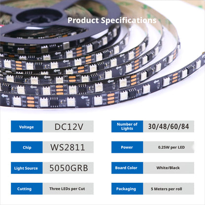 Fita LED Endereçável WS2811 12V RGB 5050 | Fita de Luz Programável Dream Color (30–96 LEDs/m)