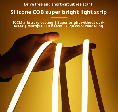 Fita de LED COB à prova d'água 220V, luz quente, flexível, silicone, autoadesiva